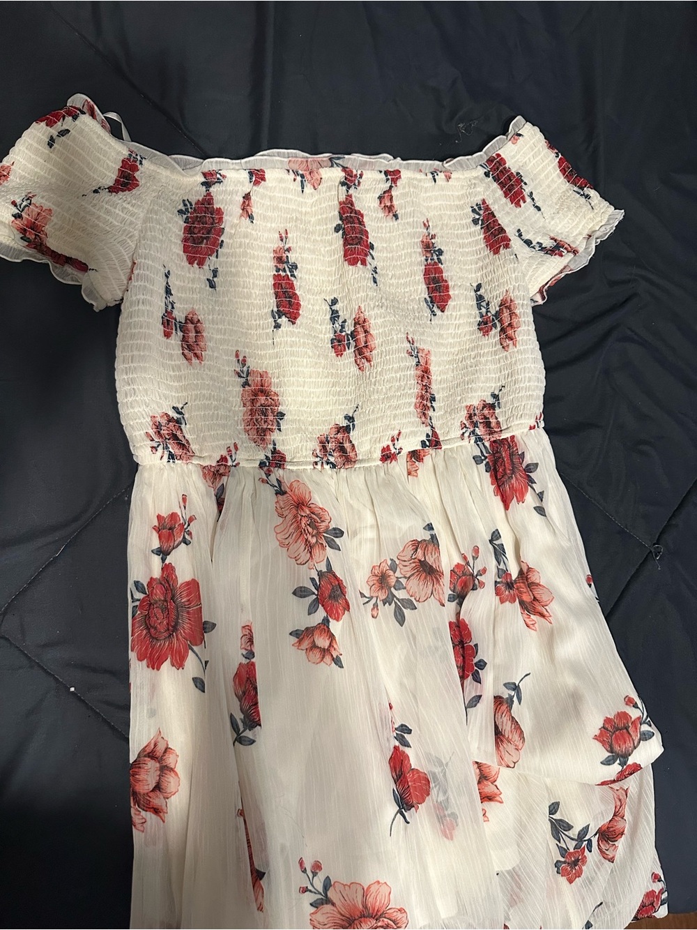 Womens White Floral Off-Shoulder Dress with Red Flowers
